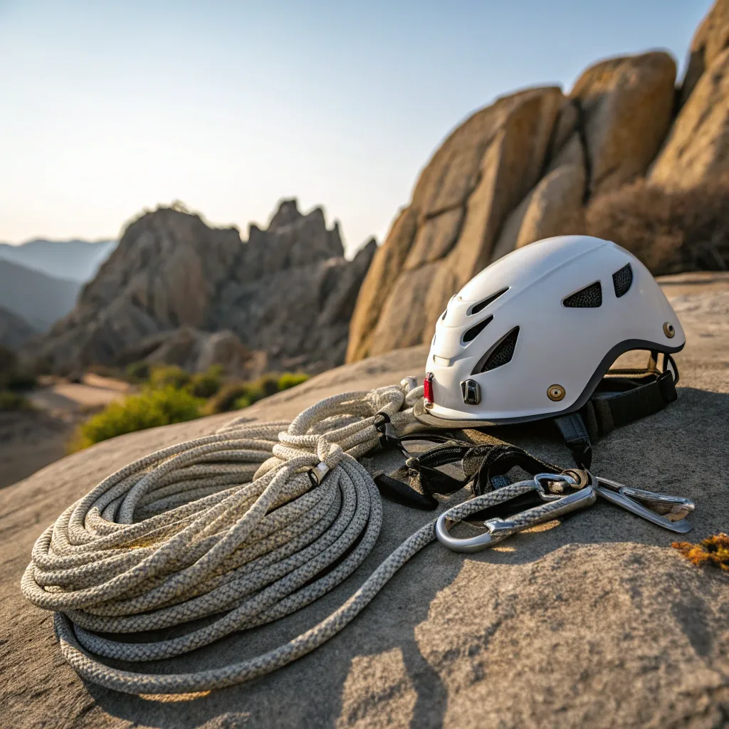 Climbing gear with helmet and ropes
