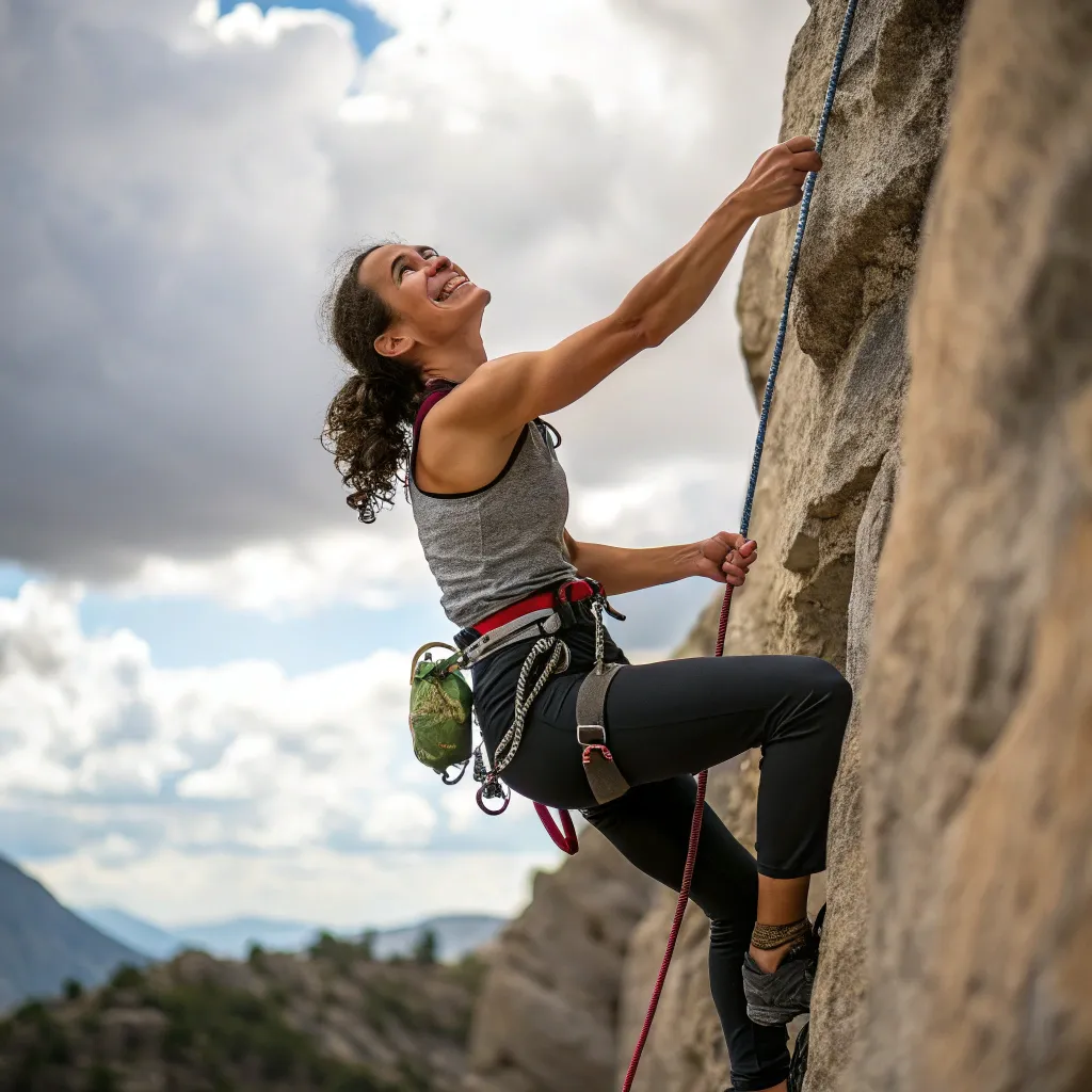 Linda climbing confidently with a smile