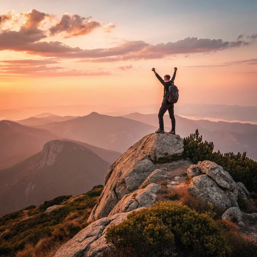 Thomas reaching the summit of a peak at sunset